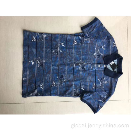 Knitting Men Navy blue striped fish print Polo short sleeve Manufactory